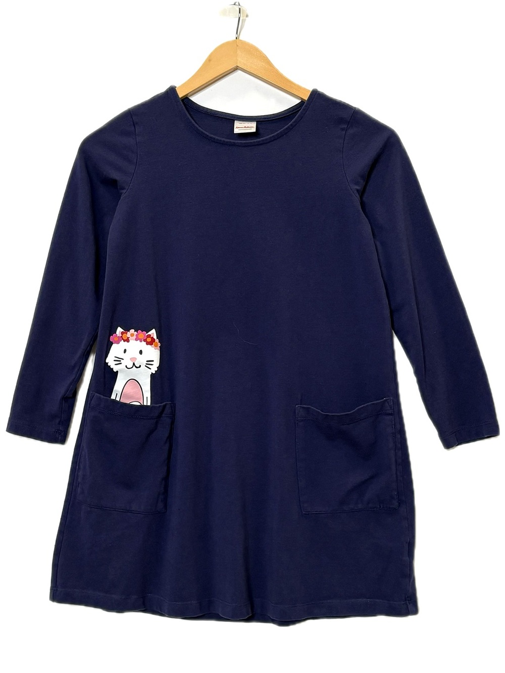 Hanna Andersson Navy cotton Kitty Cat Graphic Pocket Long Sleeve Dress Size 10